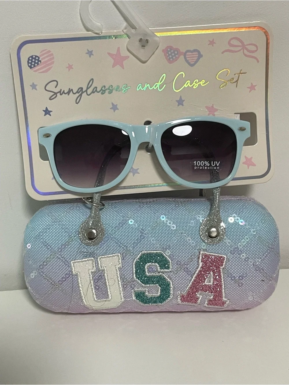 Kids Light Blue Sunglasses with Sequin USA Case - UV Protection